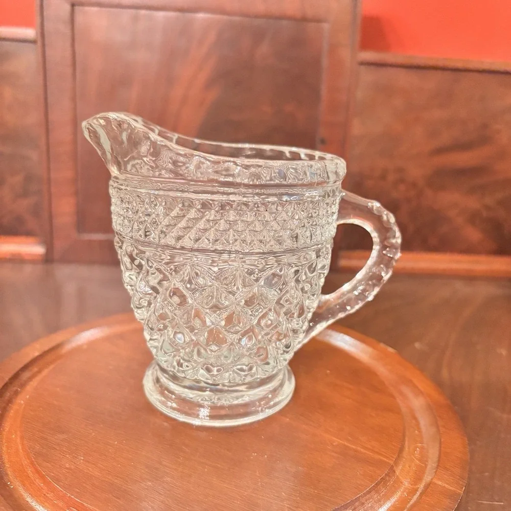 Vintage Clear Pressed Glass Creamer Diamond Pattern Footed Pitcher Scalloped Rim